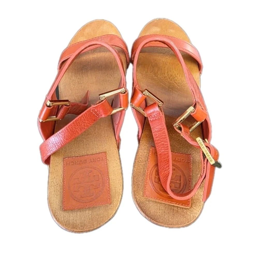 Tory Burch Womens Orange Gold  Leather Wooden Wedge Sandals Size 9 Boho TN Vols - Picture 6 of 13